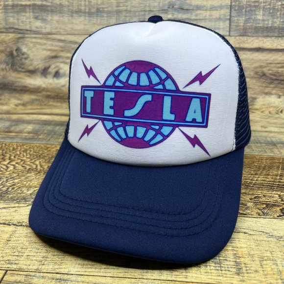Tesla Band Mens Trucker Hat Navy Snapback 80s Rock N Roll Band Baseball Cap - Picture 1 of 8